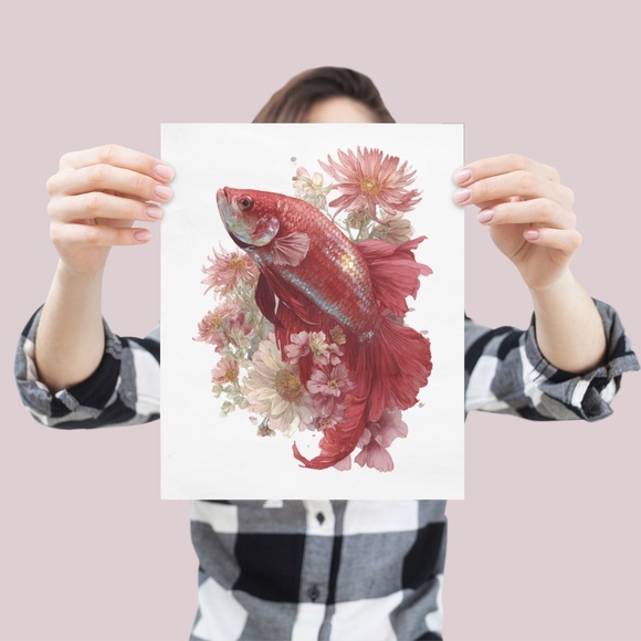 Watercolor Betta Fish with Flowers Wall Art Print Unframed - Enchanting Aquatic - Picture 4 of 6